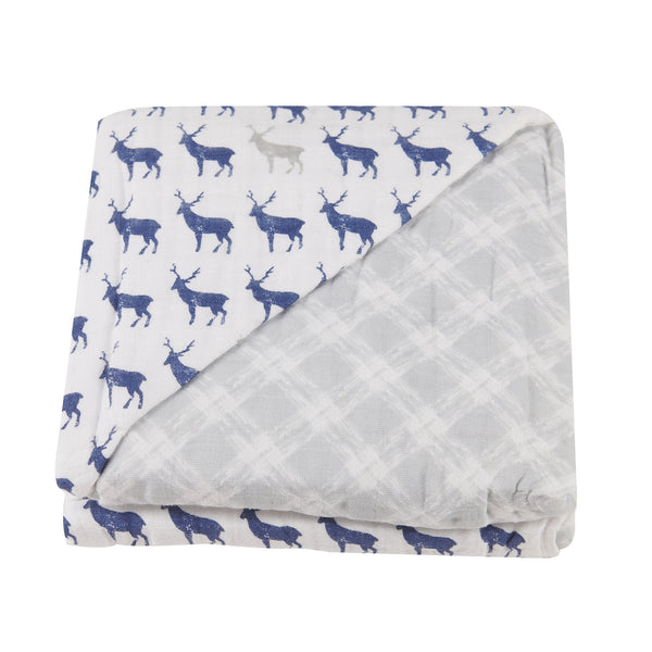 Blue Deer and Glacier Grey Plaid Cotton Muslin Newcastle Blanket
