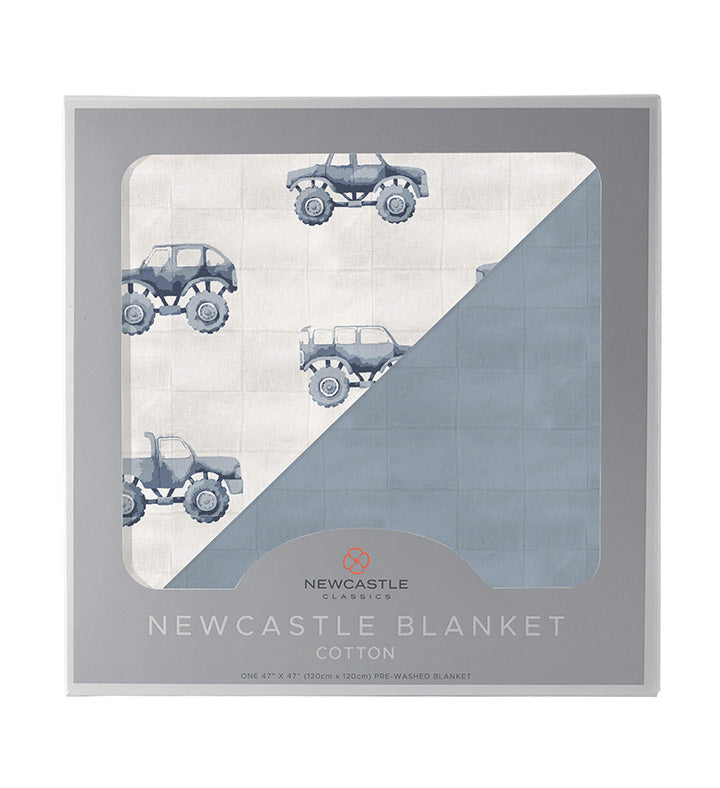 Indigo Monster Trucks and Blue Fog Cotton Newcastle Blanket