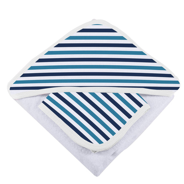 Blue and White Stripe Bamboo Hooded Towel and Washcloth Set