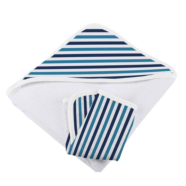 Blue and White Stripe Bamboo Hooded Towel and Washcloth Set