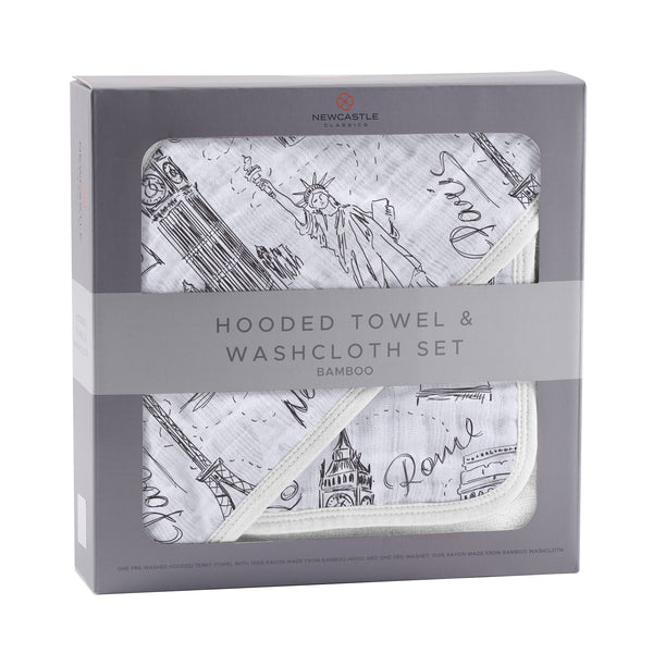 London, Paris, New York Hooded Towel and Washcloth Set