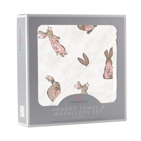 Powder Pink Bunnies Bamboo Hooded Towel and Washcloth Set