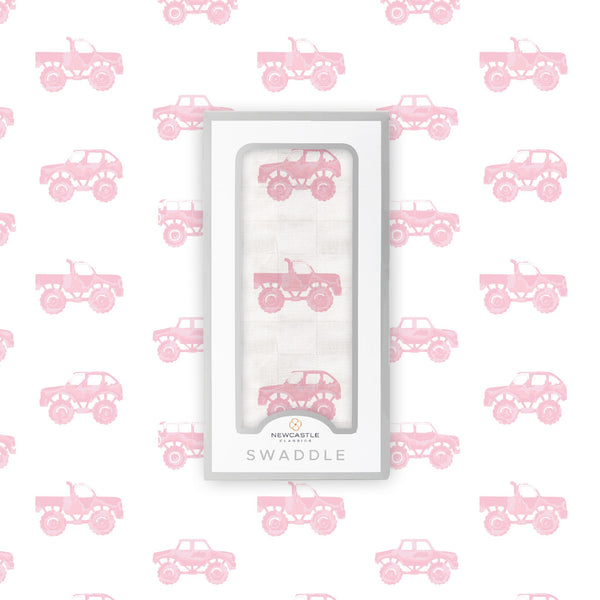 Pink Monster Trucks Bamboo Muslin Swaddle