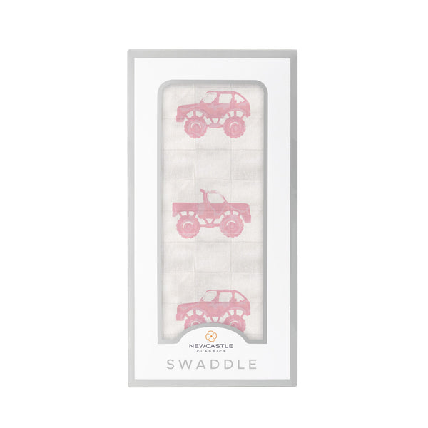 Pink Monster Trucks Bamboo Muslin Swaddle