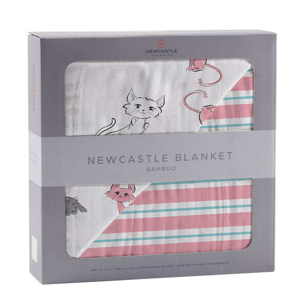 Playful Kitty and Candy Stripe Bamboo Muslin Newcastle Blanket