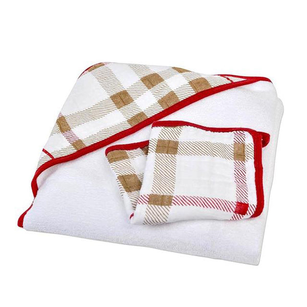 Plaid Cotton Hooded Towel and Washcloth Set