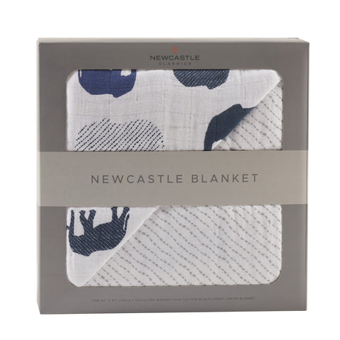 Blue Elephant and Spotted Wave Cotton Muslin Newcastle Blanket | Newcastle Classics