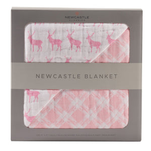 Pink Deer and Primrose Pink Plaid Cotton Muslin Newcastle Blanket | Newcastle Classics