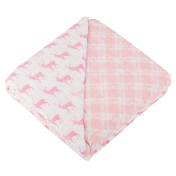 Pink Deer and Primrose Pink Plaid Cotton Muslin Newcastle Blanket | Newcastle Classics