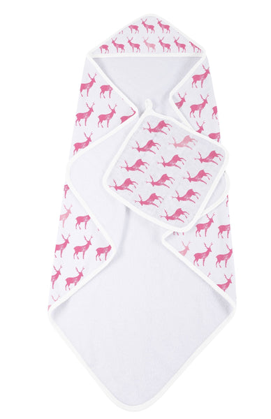 Pink Deer Cotton Hooded Towel and Washcloth Set